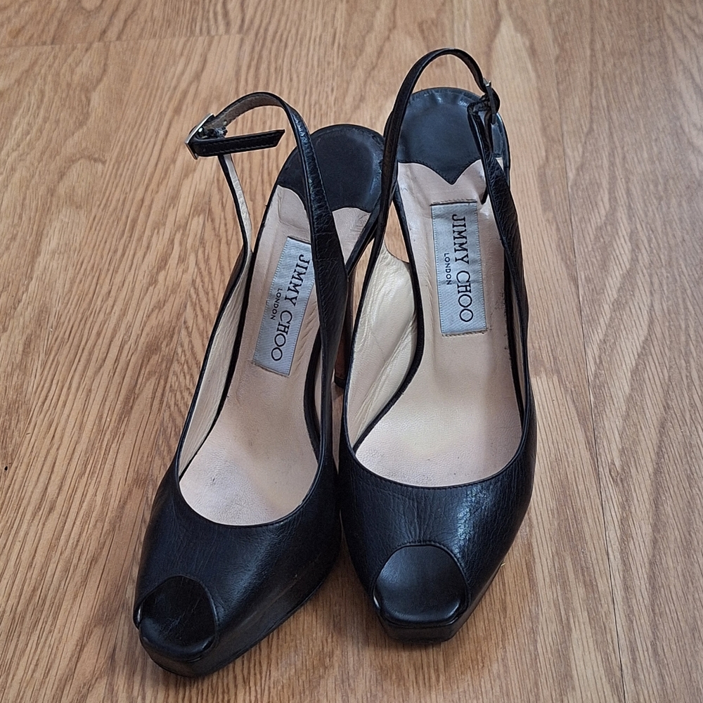 Jimmy Choo Black LEATHER Slingbacks Peeptor Heels 6.5